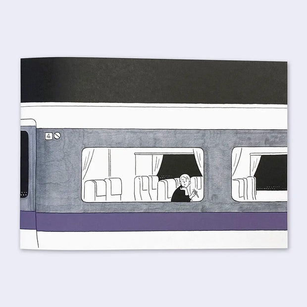 Cover of a booklet, featuring a full bleed illustration of a person on an empty train, looking out the window somberly. 