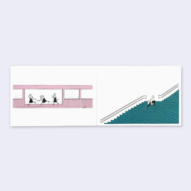 Open 2 page spread of a booklet, featuring simple line art illustrations. Left page features music students running on a barren train platform. Right features a single person bounding up a very large and wide staircase.