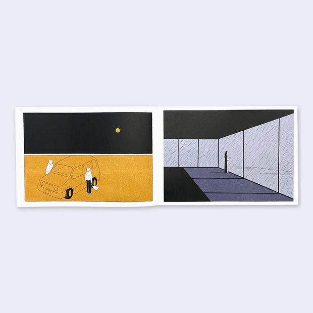 Open 2 page spread of a booklet, featuring simple line art illustrations. Left page features 2 ppl standing outside of a car, on opposite sides. Right features a woman standing allow in an empty room with floor to ceiling windows, while it rains outside.