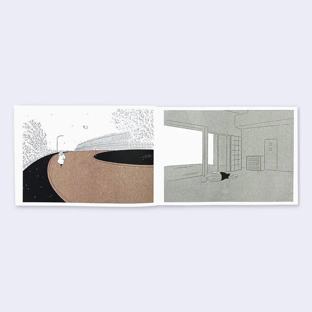 Open 2 page spread of a booklet, featuring simple line art illustrations. Left page features a person in a coat walking alone on a wide, empty sidewalk curve. Right features a person curled up in a ball in a grey, empty room.
