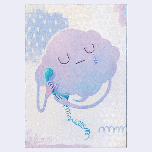 Painting of a blue and purple cloud with a simple closed eye face, shedding a single tear. It's using a corded phone. Background is cream and blue colored white polka dot pattern.