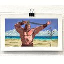 Painting of a film still from Conan the Barbarian of Conan flexing with his sword on a beach.