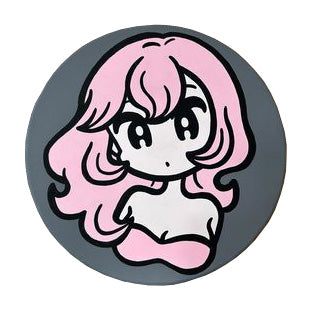 Painting on circular panel of an anime style girl with flat colors, looking forward with a surprised expression. She is only visible from the chest up, with pink hair and a pink bikini top. Background is solid grey.