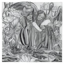 Detailed graphite sketch of a girl sitting in a lake, with lotus flowers growing and a large crane behind her. An older man is behind her and holds her arm.