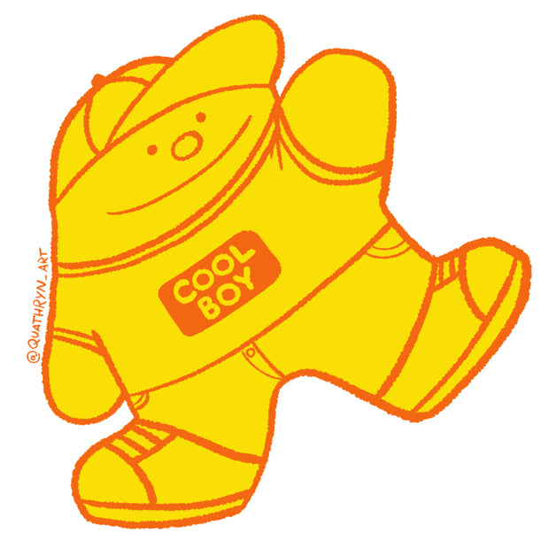Die cut yellow sticker of a simplistic cartoon boy wearing a shirt that reads "Cool Boy"