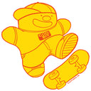 Yellow sticker of a simple character wearing jeans and a shirt that reads 'COOL BOY'. He has a sideways baseball cap and does a kickflip with his skateboard.