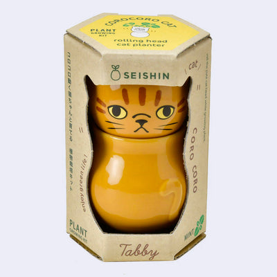 Cat shaped planter with a separately attached head, enclosed in its product packaging.