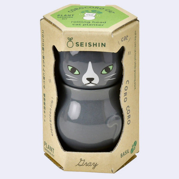 Cat shaped planter with a separately attached head, enclosed in its product packaging.