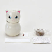 Cat shaped planter with a separately attached head, next to its contents - seeds, growing pellet and instructions.
