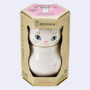 Cat shaped planter with a separately attached head, enclosed in its product packaging.