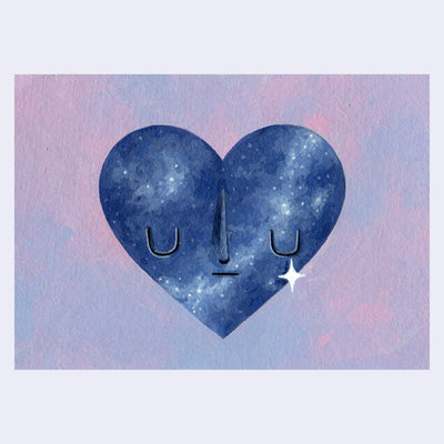 Painting of a dark blue heart shape with a starry sky pattern within it. It has a simple closed eye expression and a sparkle rests upon its cheek. Background is solid blueish pink.