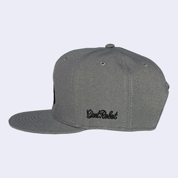 Gray cap with black logo on a light gray background