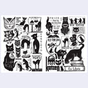 Collection of black and white illustrations of cats within a 2 page zine spread.