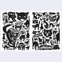 Collection of black and white illustrations of cats within a 2 page zine spread.