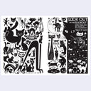 Collection of black and white illustrations of cats within a 2 page zine spread.