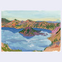 Landscape painting of a large crater like lake, with blue water surrounding a purple land mound and orange mountains surrounding the lake itself.