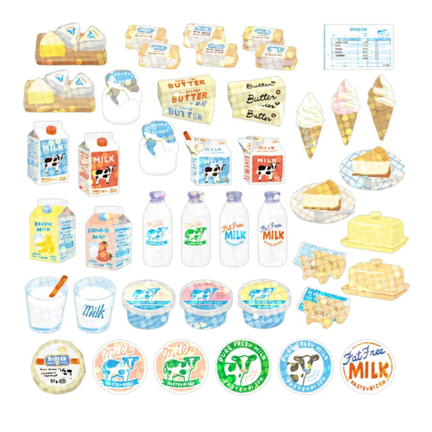 Lineup of approximately 40 dairy product themed flake stickers, all with a slight holographic shine. Stickers include: milk, butter, cheese, ice cream, etc.