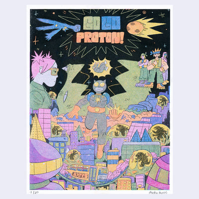 Risograph print of a bright cartoon city scene, with a superhero wearing a cat mask hovering above the town. Text above reads "Go Go Proton!"