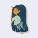Oval shaped navy blue pouch with an orange zipper and an illustration of an orange lotus flower, mid bloom and 2 lily pad shaped leaves nearby. 