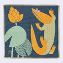 Navy blue square shaped handkerchief with a graphic of an orange illustrated crocodile with green scales, and a small purple butterfly atop its snout. Next to it re lily pads and an orange flower.