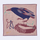 Purple square handkerchief with a graphic of a dark purple crow, with reddish purple and white feathers. It holds a hanger and has more hangers around to build a nest.