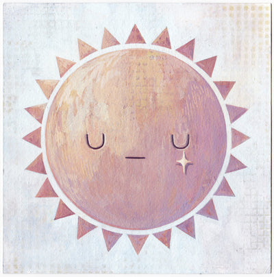 Painting of a muted orange and red sun with graphic style triangle sun rays. It has a simple closed eye expression with a yellow sparkle on its right cheek.
