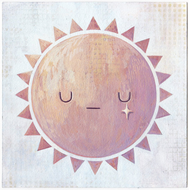 Painting of a muted orange and red sun with graphic style triangle sun rays. It has a simple closed eye expression with a yellow sparkle on its right cheek.