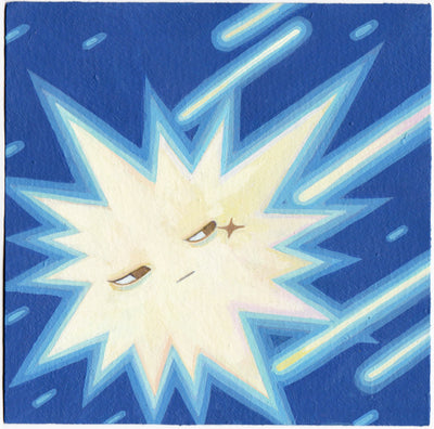 Painting of a large, graphic shaped starburst, yellow with sharp multilayer blue outlines around it. It has a serious expression, looking off to the side with a single gold sparkle on its right cheek. Background is blue.