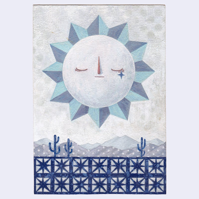 Painting of a large moon with graphic style triangles around it. It has a closed eye expression and floats above a wall of breezeblocks against a desert landscape.