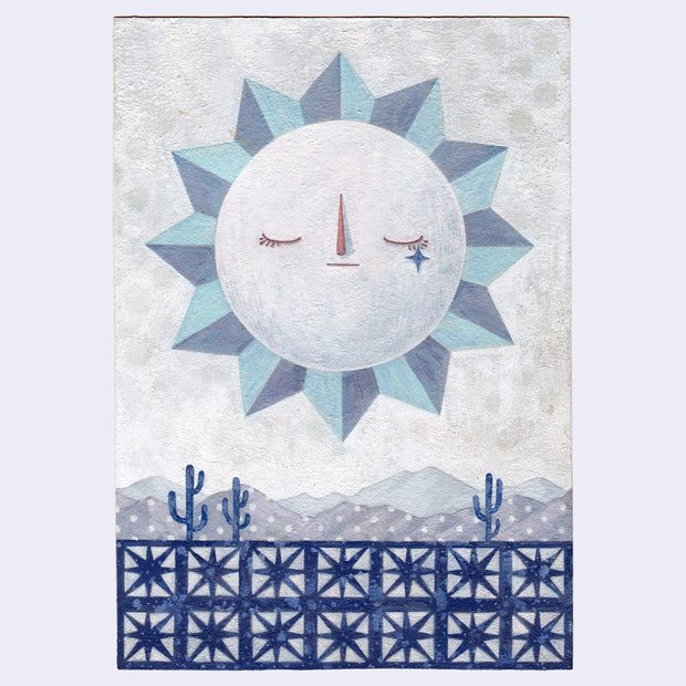 Painting of a large moon with graphic style triangles around it. It has a closed eye expression and floats above a wall of breezeblocks against a desert landscape.