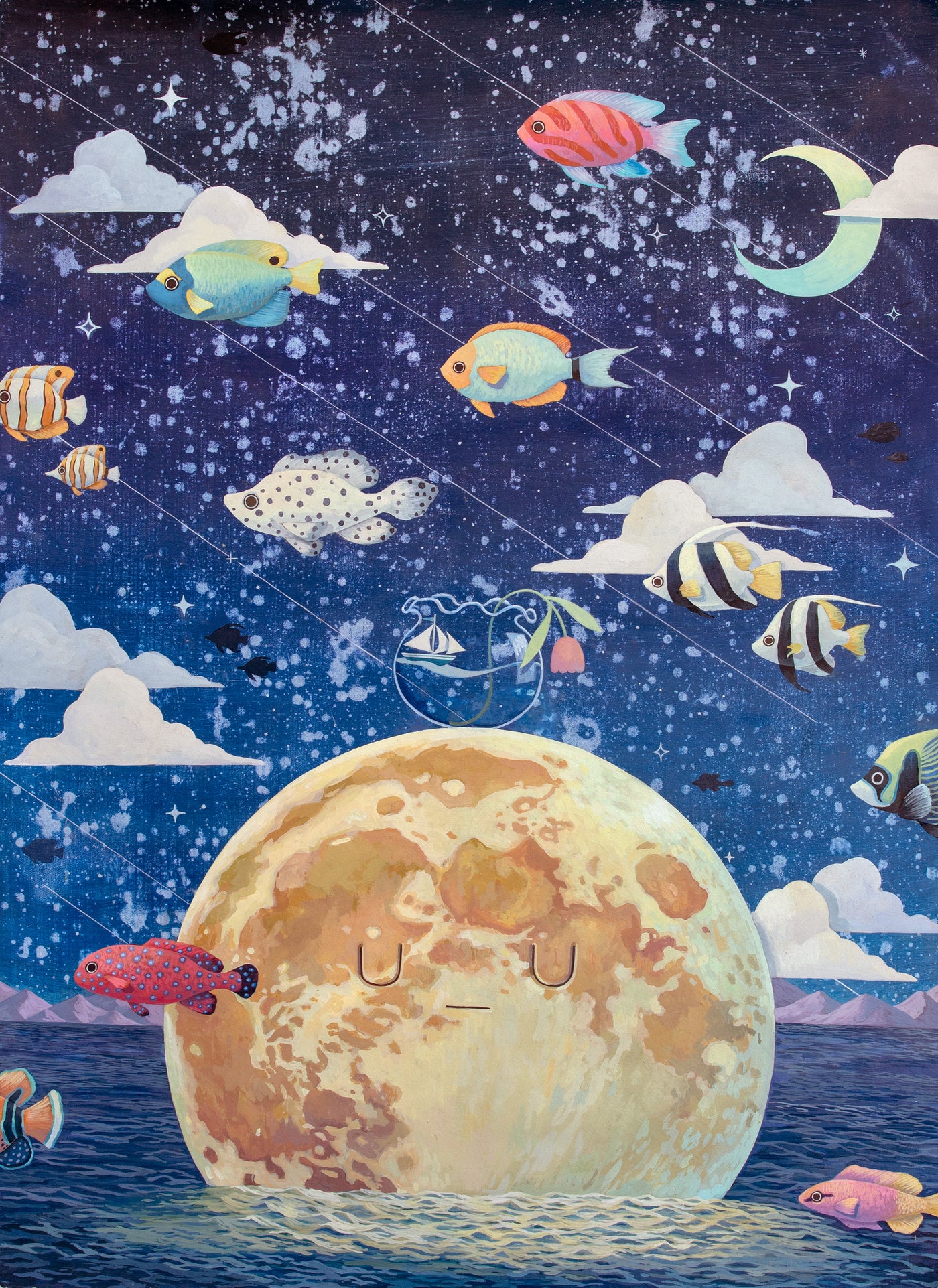 Painting of a large orange planet, partially submerged in water with many fish swimming overhead against a blue starry sky.