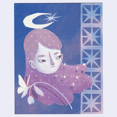 Painting done in purples, blues and white of a woman's head, with long polka dot pattern hair. She looks off to the side at a wall of breezeblocks. A crescent moon rests atop her head and a wilting flower and butterfly are in the lower left corner.