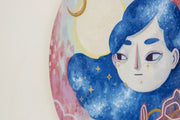 Painting on circle panel of a girl's head with long hair painted like the night sky. She looks off to the side and below her is a neon sign rose. Background is slightly abstract lines of strokes of blue and red with a moon behind her head.