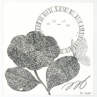 Graphite drawing of 3 leaves, attached to the same stem. A butterfly rests atop one and a sun with a relaxed face is in the background.