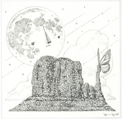 Graphite illustration of a rocky bluff, landscape from somewhere like Arizona, with a large butterfly resting atop it. In the background is a moon with a simple cartoon face, looking on.