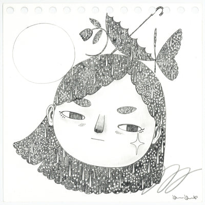 Graphite drawing of a cartoon style woman's head, looking off to the side with star patterned hair. Balancing atop her head is a flower, an umbrella, and a butterfly.