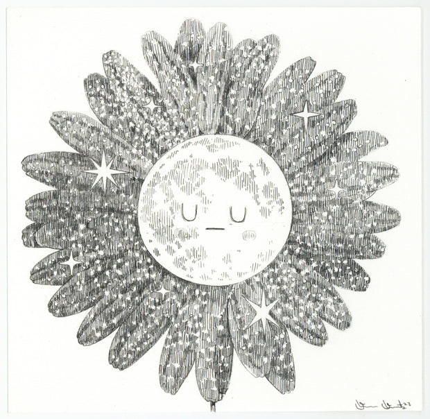 Graphite drawing of a moon with a closed eye expression. Flower petals surround it, as though its the bud of a flower. Petals are star patterned.