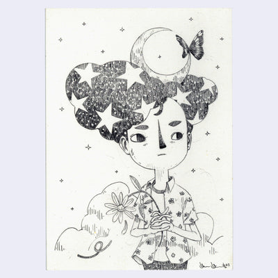 Graphite drawing of a person with large, star patterned pompadour hair. He holds a wilting flower in hand and has a crescent moon atop his head. A butterfly sits atop the moon.