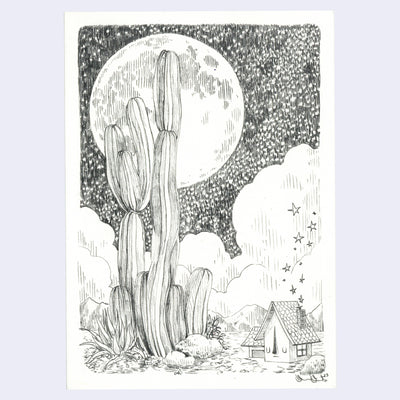 Graphite drawing of a tall cactus, next to a tiny house with stars coming out of its chimney. Background is a dark starry sky with a large moon and fluffy clouds.
