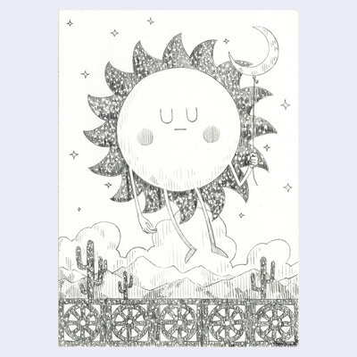 Graphite drawing of a large cartoon sun, with a closed eye expression and pointed sun rays. It floats over a wall of breezeblocks and holds a moon shaped balloon. 