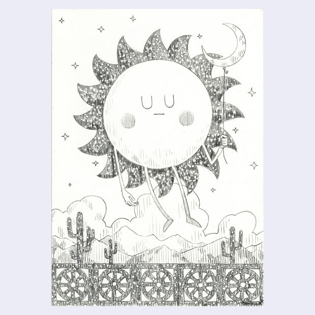 Graphite drawing of a large cartoon sun, with a closed eye expression and pointed sun rays. It floats over a wall of breezeblocks and holds a moon shaped balloon. 