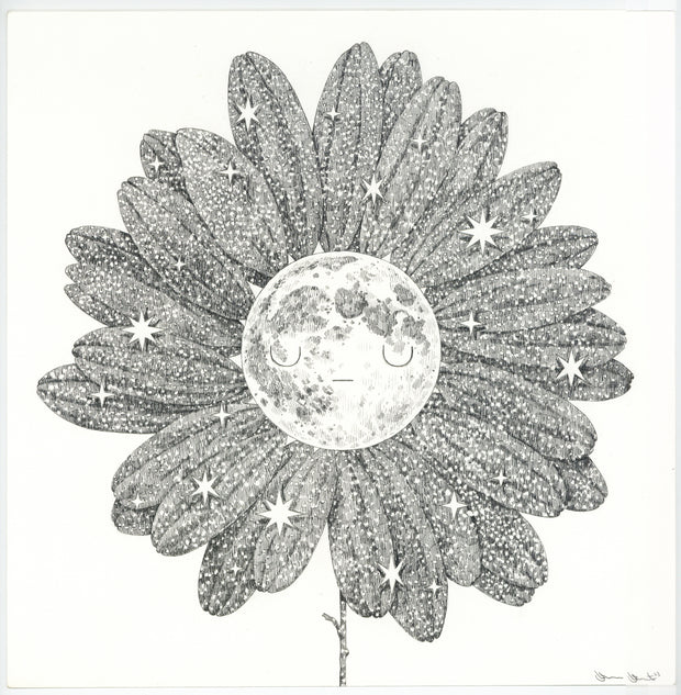 Graphite drawing of a moon with a closed eye expression. Flower petals surround it, as though its the bud of a flower. Petals are star patterned.