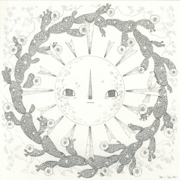 Graphite drawing of a sun with pointed graphic quality rays and a serious facial expression. It's surrounded by a cactus wreath with blooming flowers.