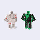 2 wooden robots made of squares, one is designed to look like an astronaut and the other is designed to look like an alien.