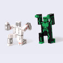 2 wooden robots made of squares, one is designed to look like an astronaut and the other is designed to look like an alien.