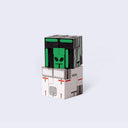 Stack of 2 folded up cube shaped robots with painted faces of an alien and an astronaut.