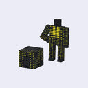 Black and yellow block-style figure on a light gray background