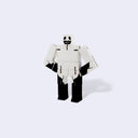 White and black robot toy figure on a light gray background, made to look like a ghost.