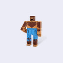 Wooden robot toy with brown top and blue pants on a white background, made to look like a werewolf.