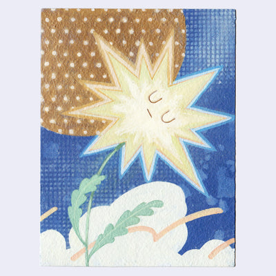 Painting of a pointy star shaped flower, attached to a stem with 2 leaves. It has a closed eye expression. Background is collage style of a dark blue sky, spotted golden moon and clouds. 